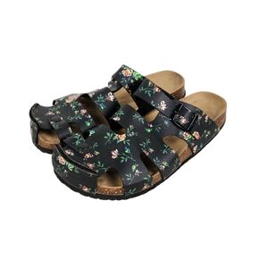 Maibulun Black Rose Cork Slide Sandals Faux Vegan Leather Womens Size 40 Size 9